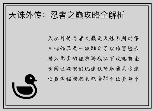 天诛外传：忍者之巅攻略全解析