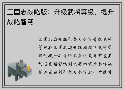 三国志战略版：升级武将等级，提升战略智慧